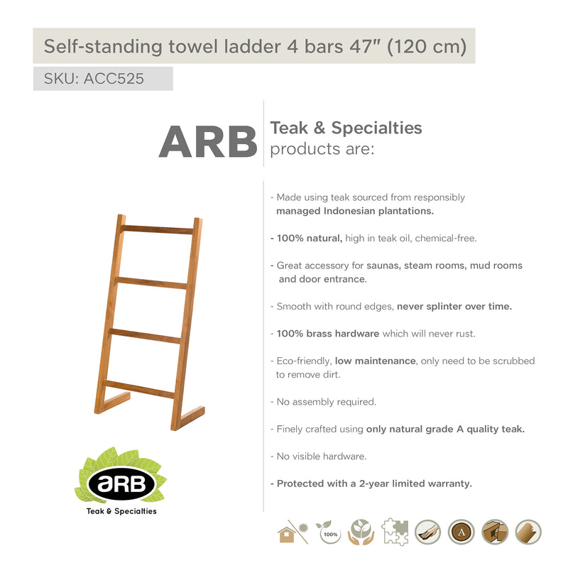 Échelle porte-serviettes sur pieds en teck 4 barreaux 120 cm (47 po)