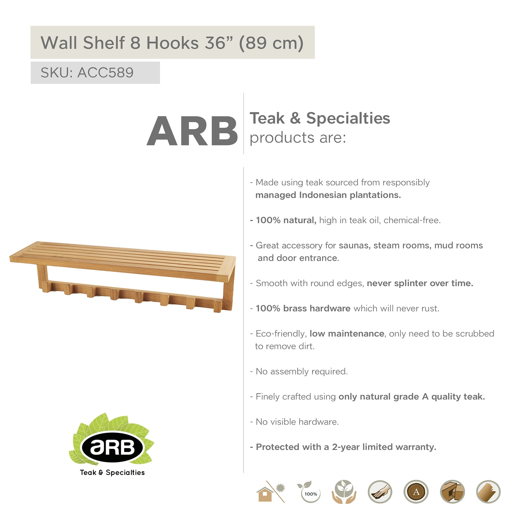 Wall Rack Teak Teak Wall Shelf with 8 Hooks | ARB Teak – ARB Teak & Specialties - Canada
