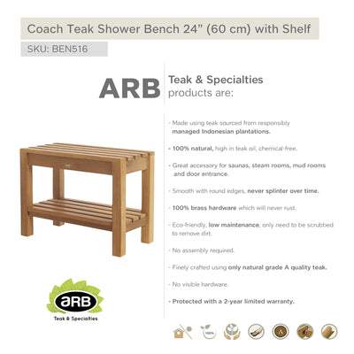 Banc de douche en teck Coach 60 cm (24 po) avec tablette