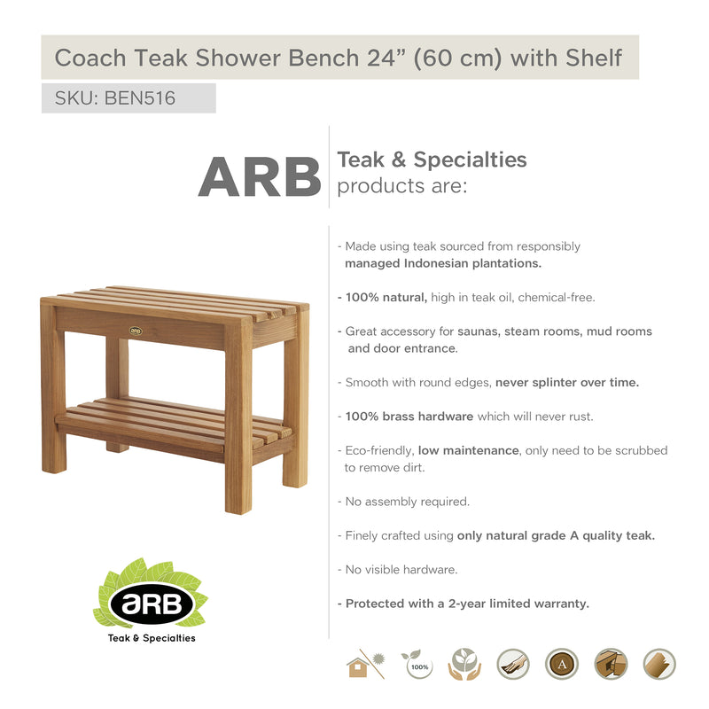 Banc de douche en teck Coach 60 cm (24 po) avec tablette