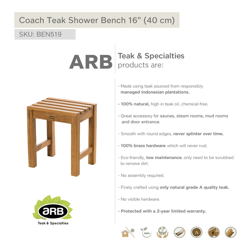 Banc de douche en teck Coach 40 cm (16 po)