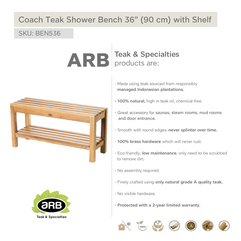 Banc de douche en teck Coach 90 cm (36 po) avec tablette