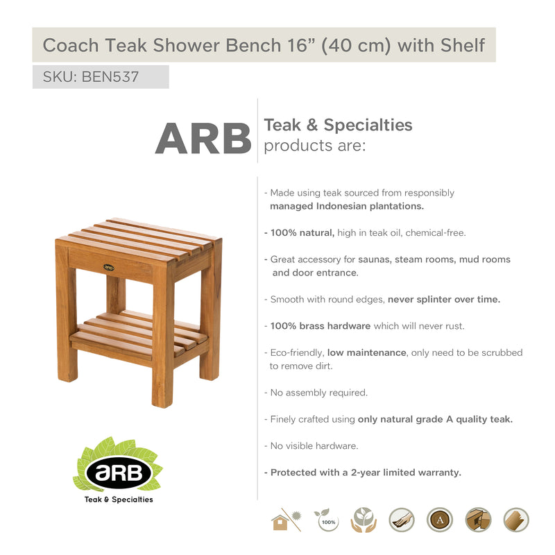 Banc de douche en teck Coach 40 cm (16 po) avec tablette