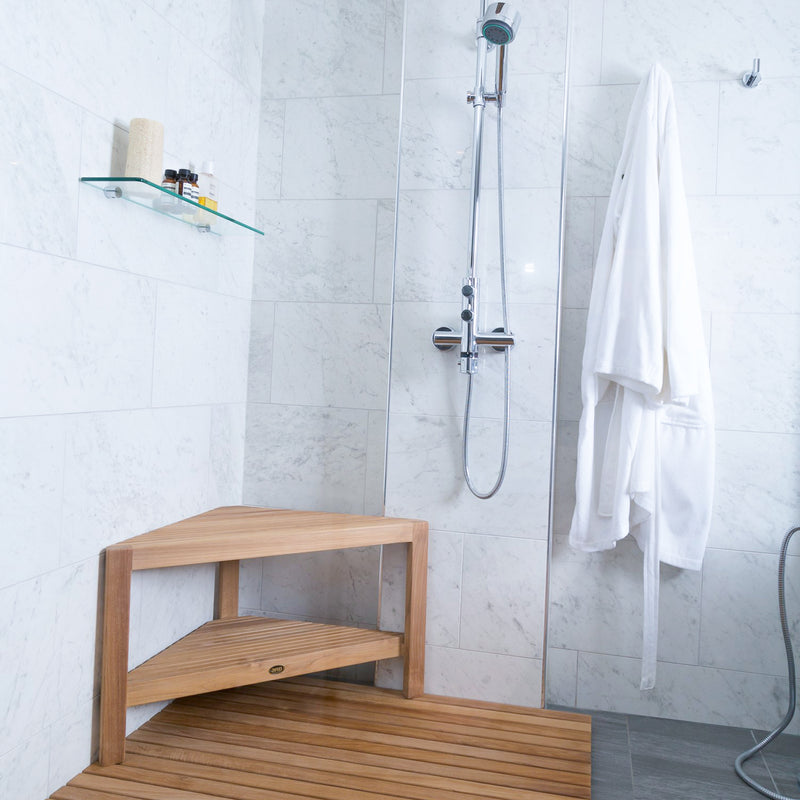 Banc en coin de douche en teck Fiji 80 cm (31 po) avec tablette