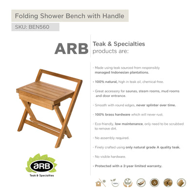 Banc de douche pliant en teck 40 cm (16 po) avec poignée