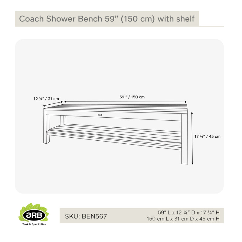 Banc de douche en teck Coach 150 cm (71 po) avec tablette