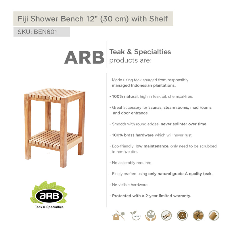 Banc de douche en teck Fiji 30 cm (12 po) avec tablette