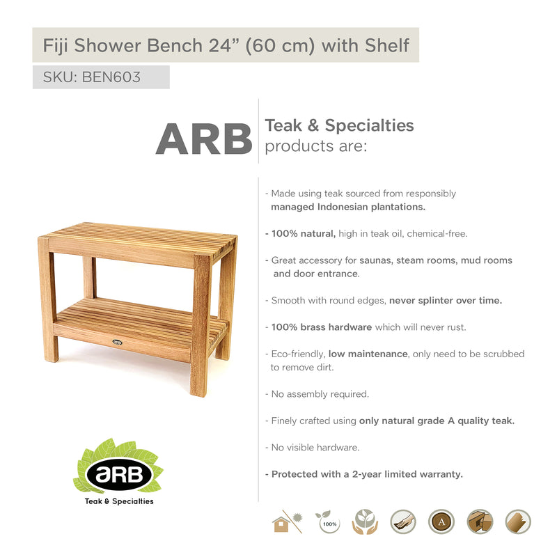 Banc de douche en teck Fiji 60 cm (24 po) avec tablette