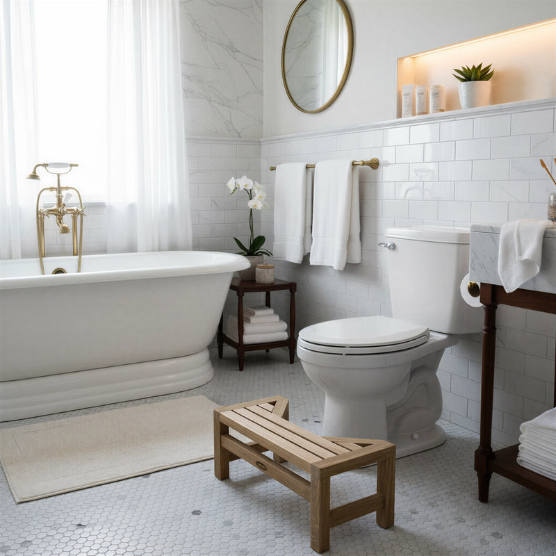 Solid Teak Squatting Toilet Stool | 8" Height x 20" Wide | Luxury Washroom Footrest