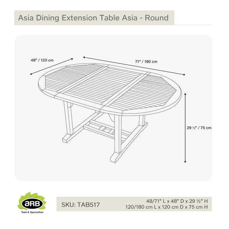Table à extension en teck ronde Asia 120/180 cm (48/71 po)