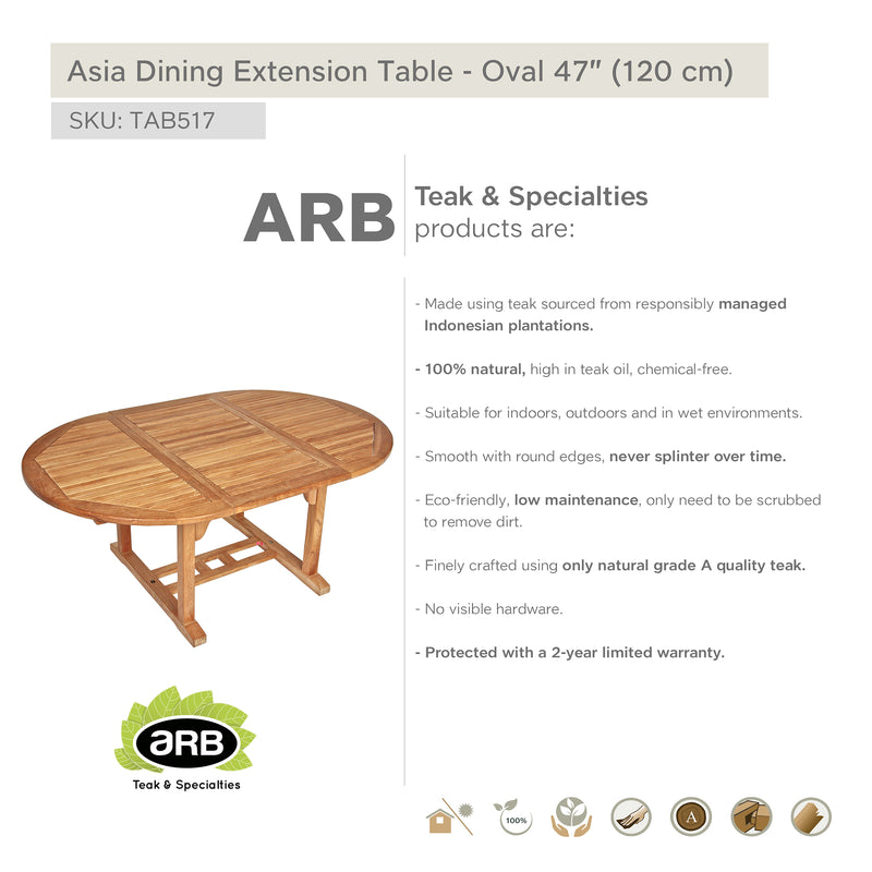 Table à extension en teck ronde Asia 120/180 cm (48/71 po)