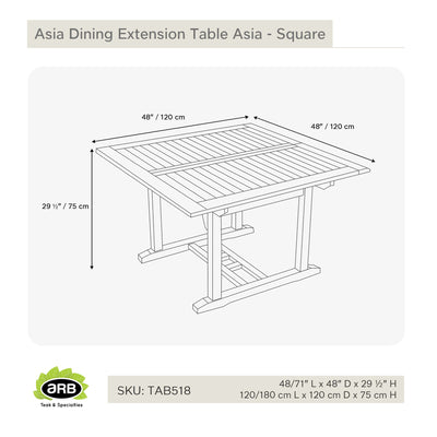 Table à extension en teck carrée Asia 120/180 cm (48/71 po)