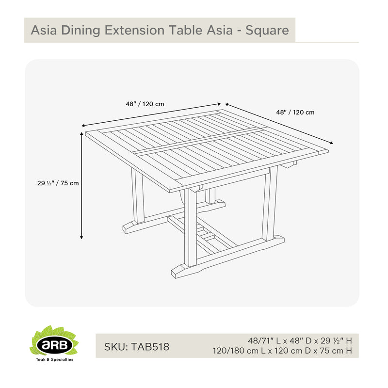 Table à extension en teck carrée Asia 120/180 cm (48/71 po)