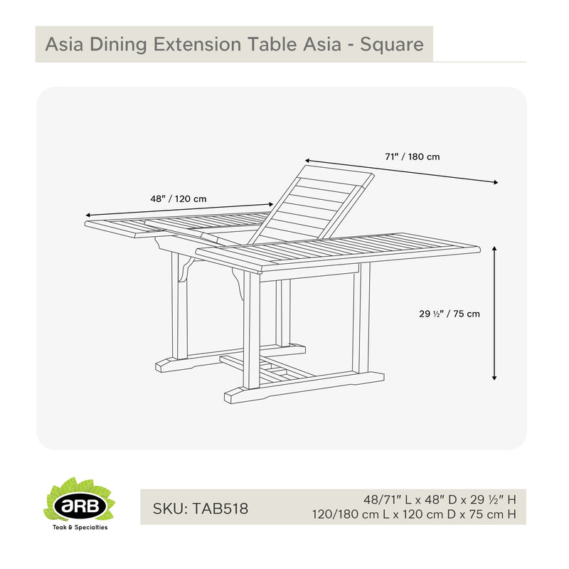 Table à extension en teck carrée Asia 120/180 cm (48/71 po)