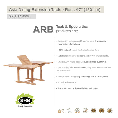 Table à extension en teck carrée Asia 120/180 cm (48/71 po)