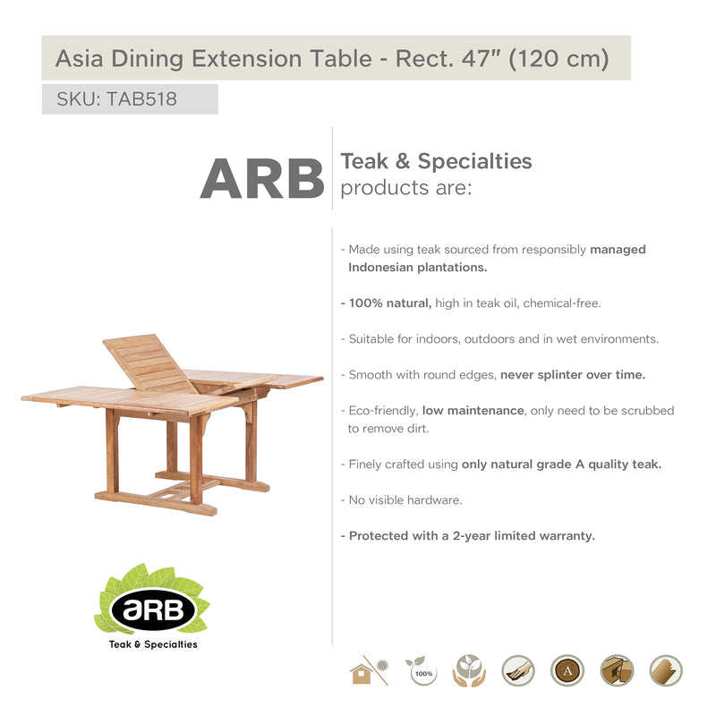 Table à extension en teck carrée Asia 120/180 cm (48/71 po)