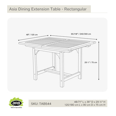 Table à extension en teck rectangulaire Asia 120/180 cm (48/71 po)