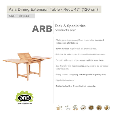 Table à extension en teck rectangulaire Asia 120/180 cm (48/71 po)