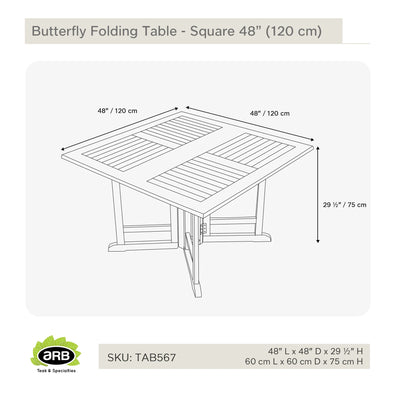 Table pliante papillon en teck carrée 120 cm (48 po)