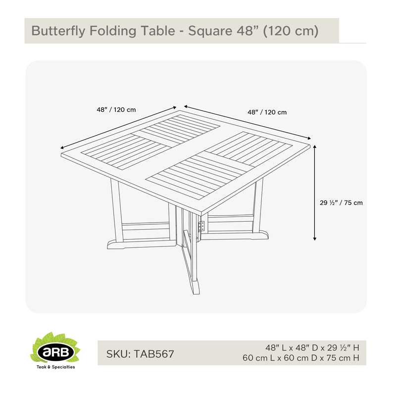 Table pliante papillon en teck carrée 120 cm (48 po)
