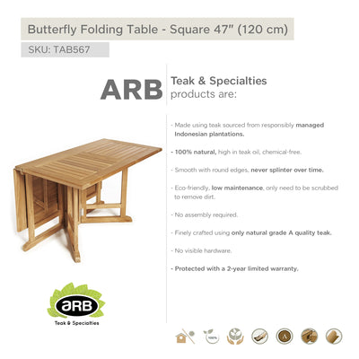 Table pliante papillon en teck carrée 120 cm (48 po)