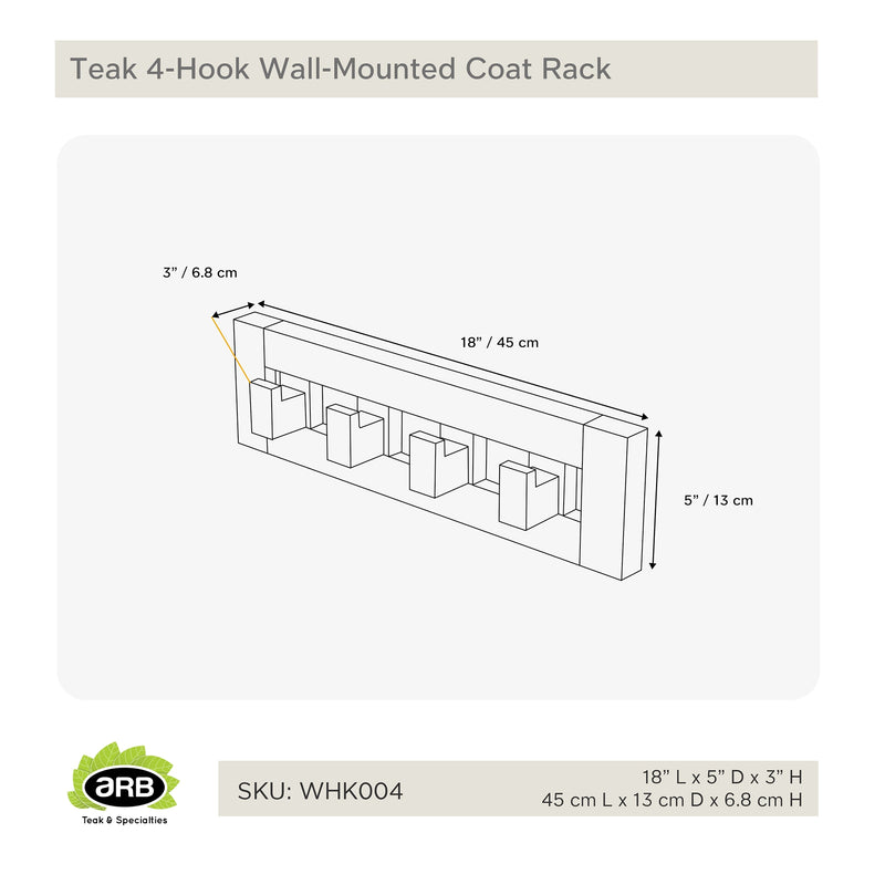 Solid Teak Wall Coat Rack | 4 Hooks | Mudroom Organizer – ARB Teak ...