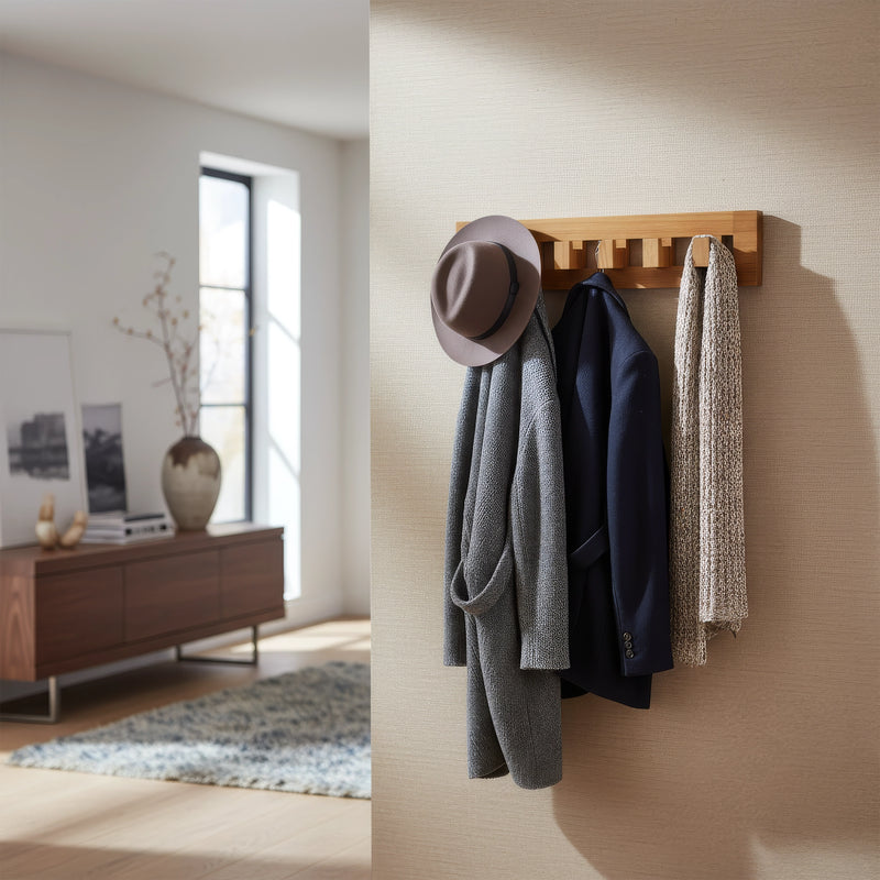 Solid Teak 6-Hook Wall-Mounted Coat Rack