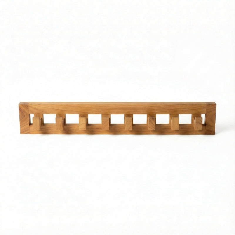 Solid Teak 8-Hook Wall-Mounted Coat Rack