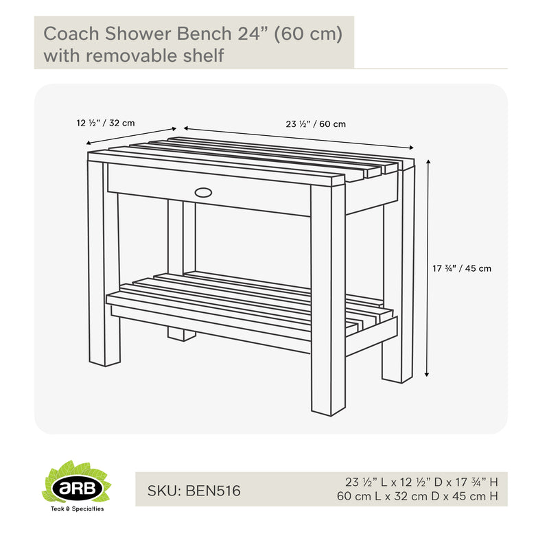 Banc de douche en teck Coach 60 cm (24 po) avec tablette
