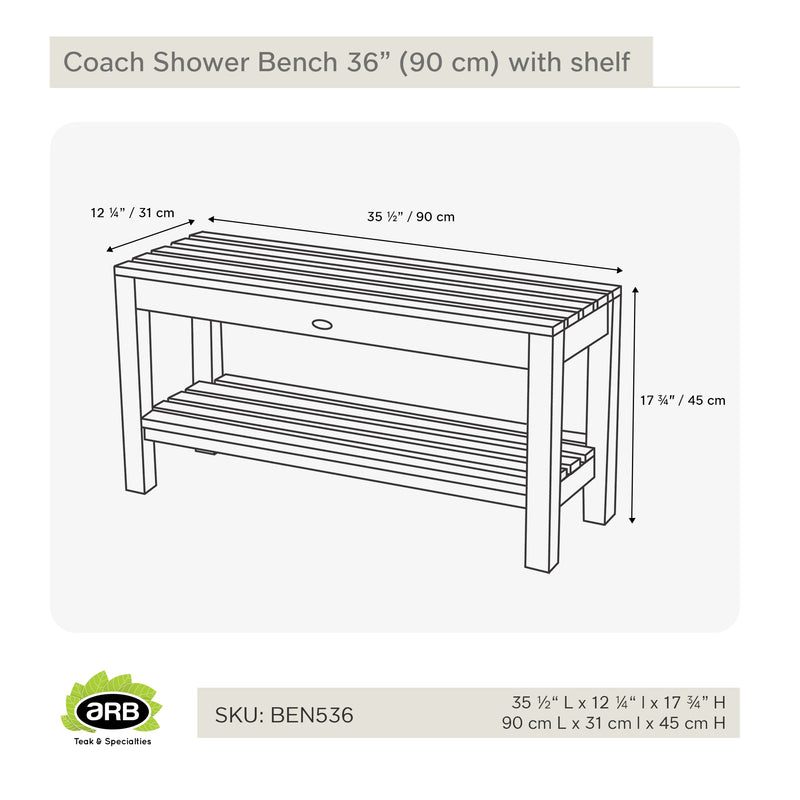 Banc de douche en teck Coach 90 cm (36 po) avec tablette