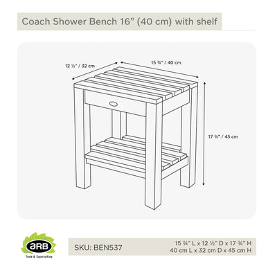 Banc de douche en teck Coach 40 cm (16 po) avec tablette
