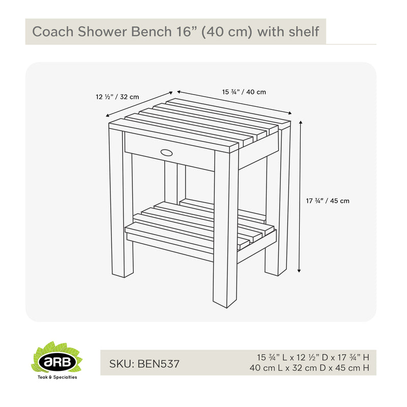 Banc de douche en teck Coach 40 cm (16 po) avec tablette