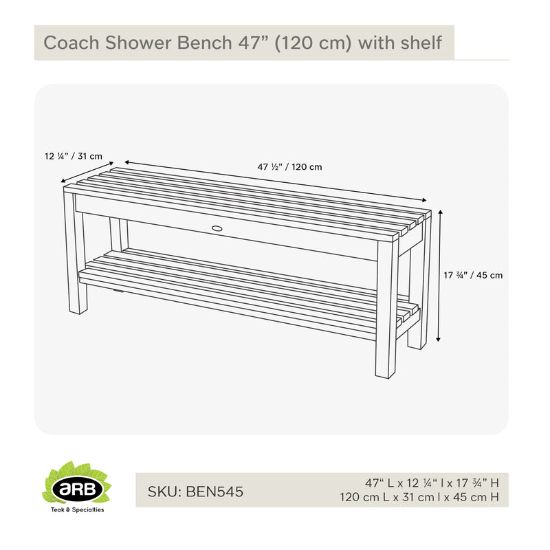 Banc de douche en teck Coach 120 cm (47 po) avec tablette