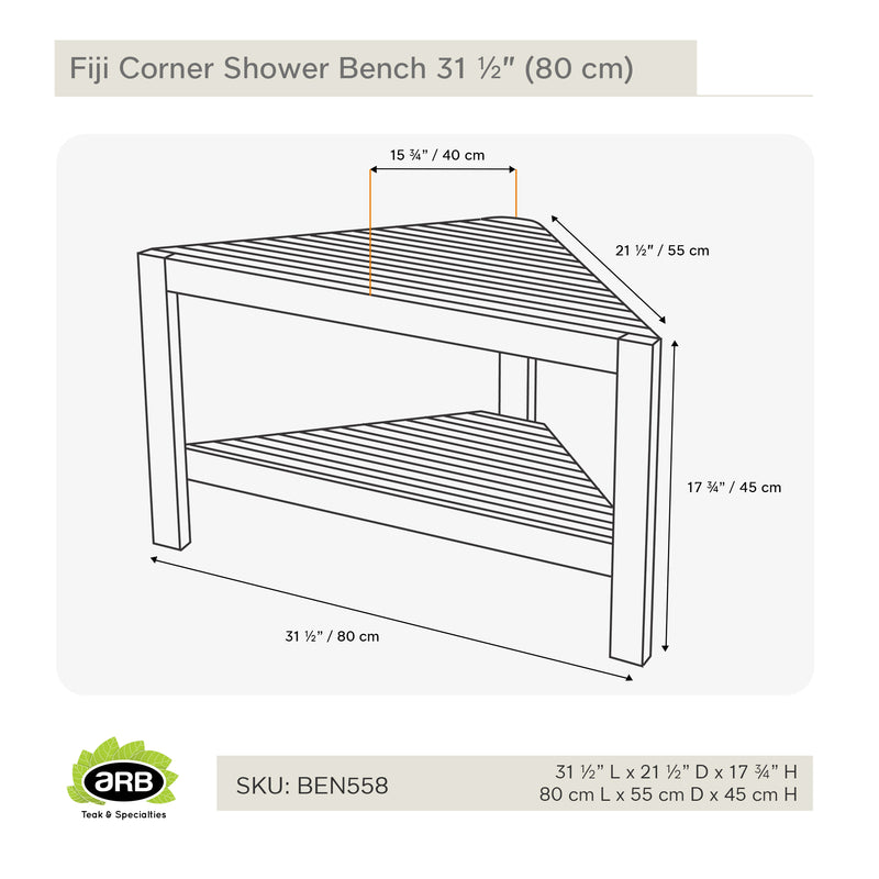 Banc en coin de douche en teck Fiji 80 cm (31 po) avec tablette