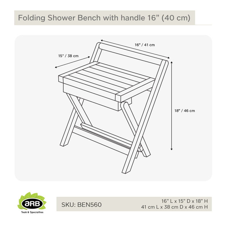 Banc de douche pliant en teck 40 cm (16 po) avec poignée