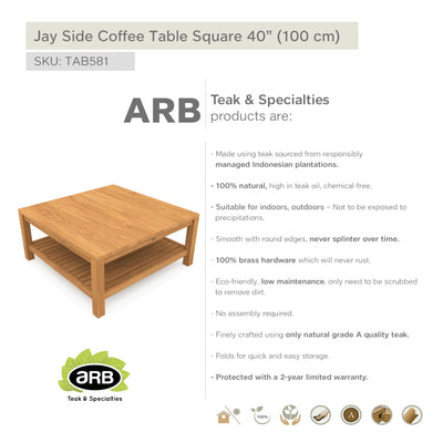 Table basse en teck avec tablette Jay - carrée 100 cm (40 po)